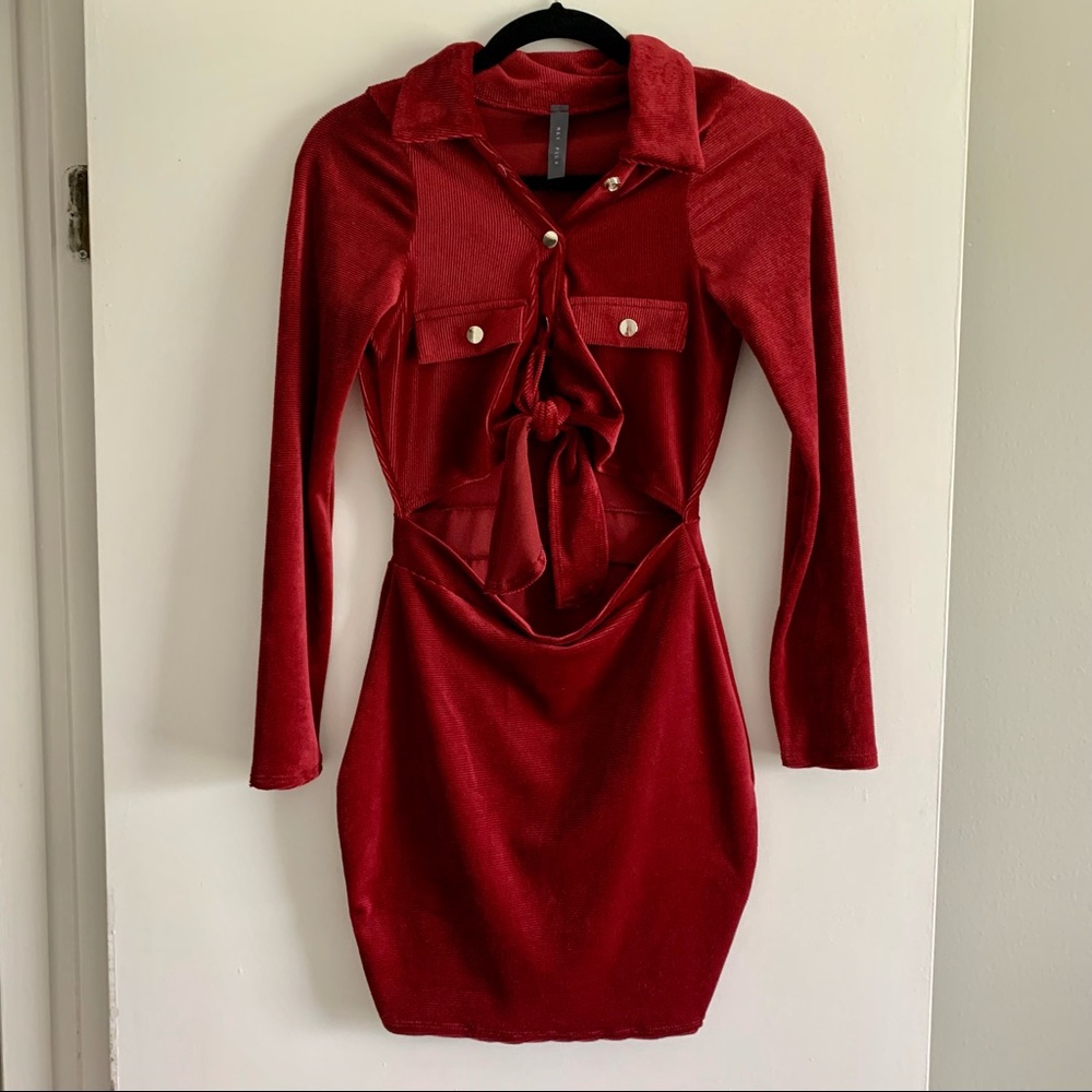 Red Corduroy-Style Cutout Dress